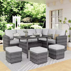 9-Seat PE Rattan Patio Sectional Sofa Set with Storage Table Water-Repellent Cushions Gray for Backyard Deck Poolside