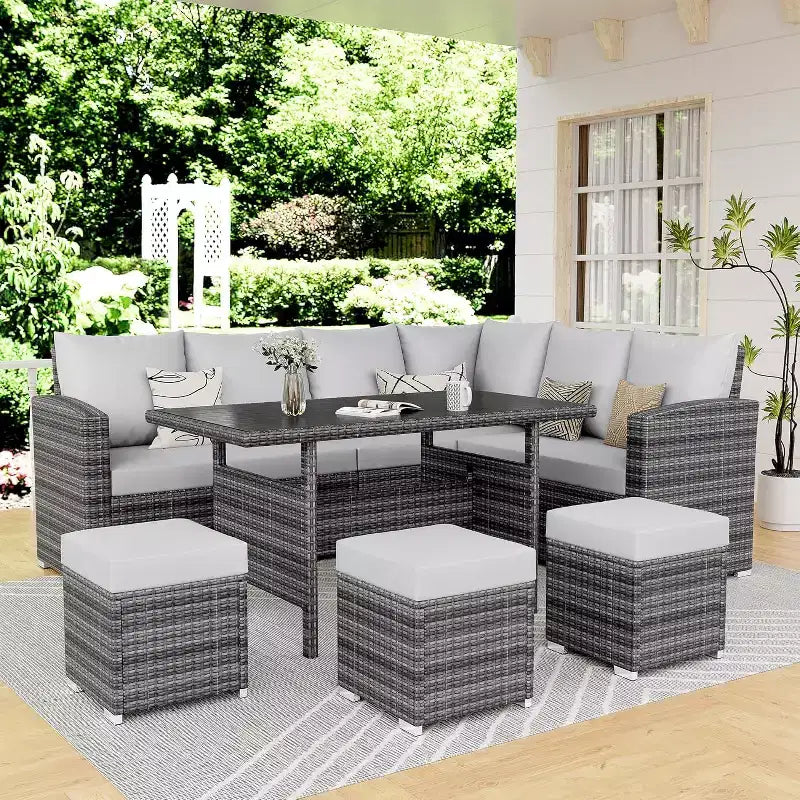 9-Seat PE Rattan Patio Sectional Sofa Set with Storage Table Water-Repellent Cushions Gray for Backyard Deck Poolside