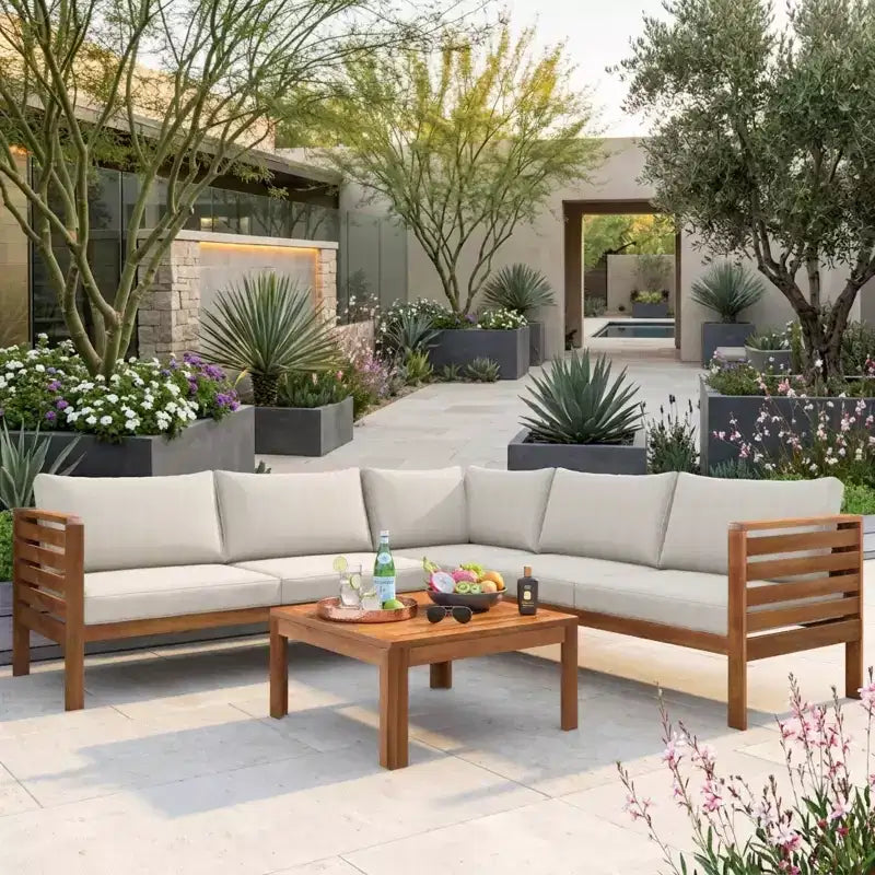 Polibi Acacia Corner Outdoor Sofa Set with Matching Coffee Table