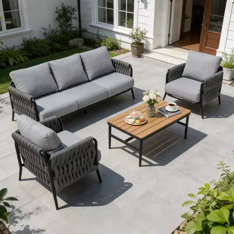 GDFStudio Virgil 4 Piece Outdoor Wicker and Iron Conversation Set with Cushions
