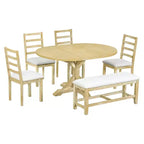 GDFStudio Zayd 6-delige eetkamerset met uitschuifbare tafel op centrale poot, ladderrugstoelen en bank