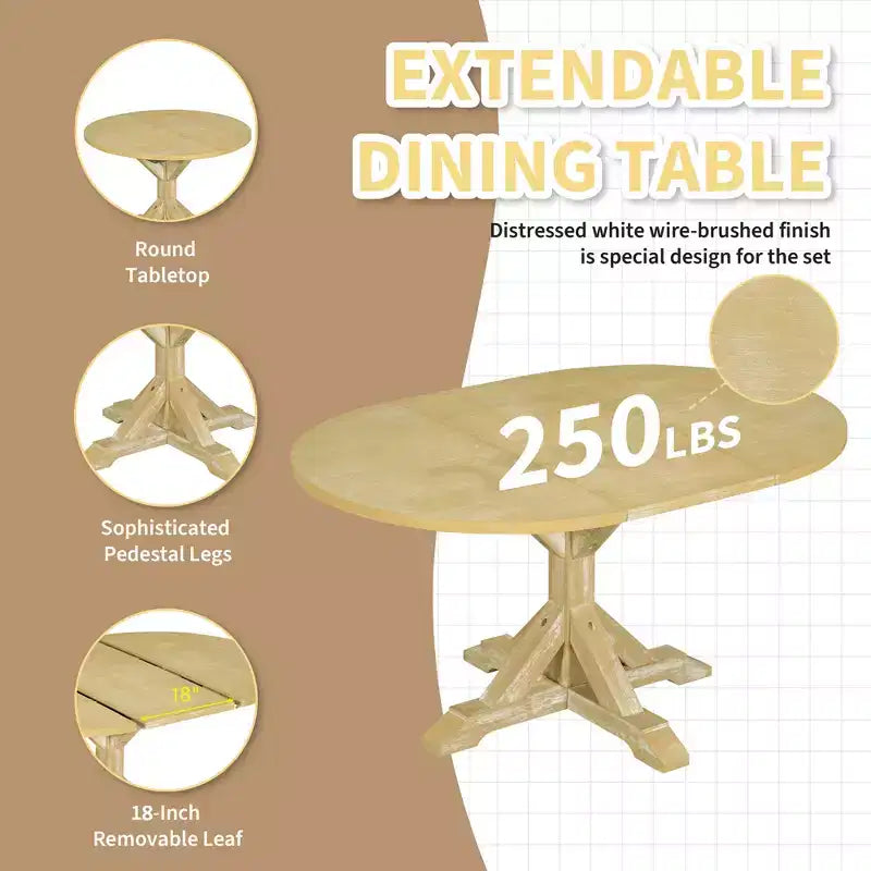 GDFStudio Zayd 6-delige eetkamerset met uitschuifbare tafel op centrale poot, ladderrugstoelen en bank