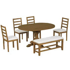 GDFStudio Zayd 6-delige eetkamerset met uitschuifbare tafel op centrale poot, ladderrugstoelen en bank