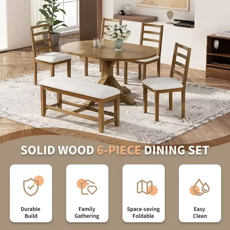 GDFStudio Zayd 6-delige eetkamerset met uitschuifbare tafel op centrale poot, ladderrugstoelen en bank
