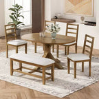 GDFStudio Zayd 6 Piece Dining Set with Extendable Pedestal Table, Ladder Back Chairs and Bench