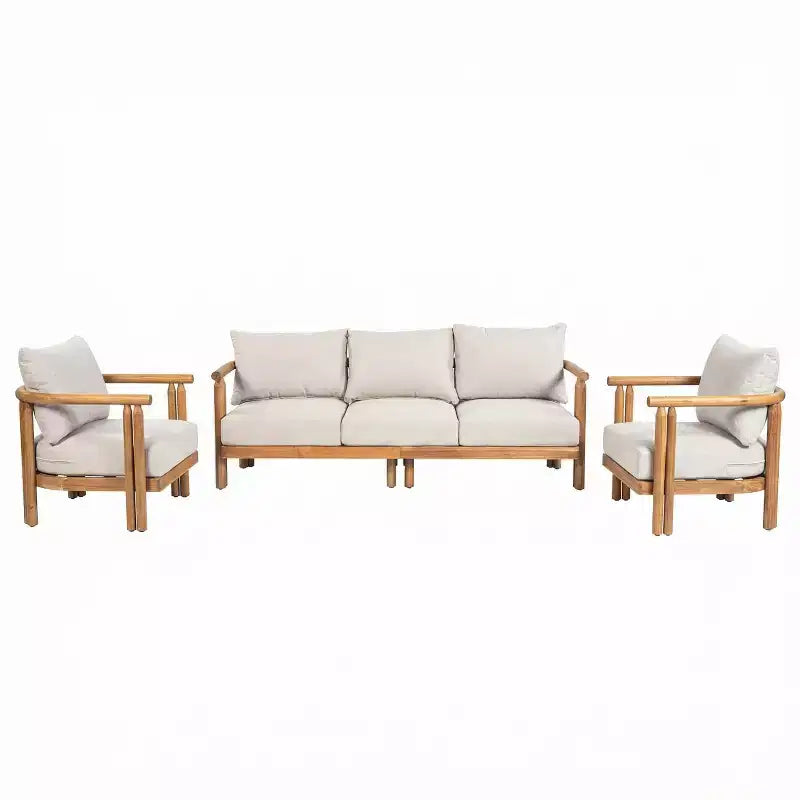 ModernLuxe 3-delige loungeset voor buiten, weerbestendige tuinmeubelset met zachte kussens en clubfauteuils, beige/teakhout