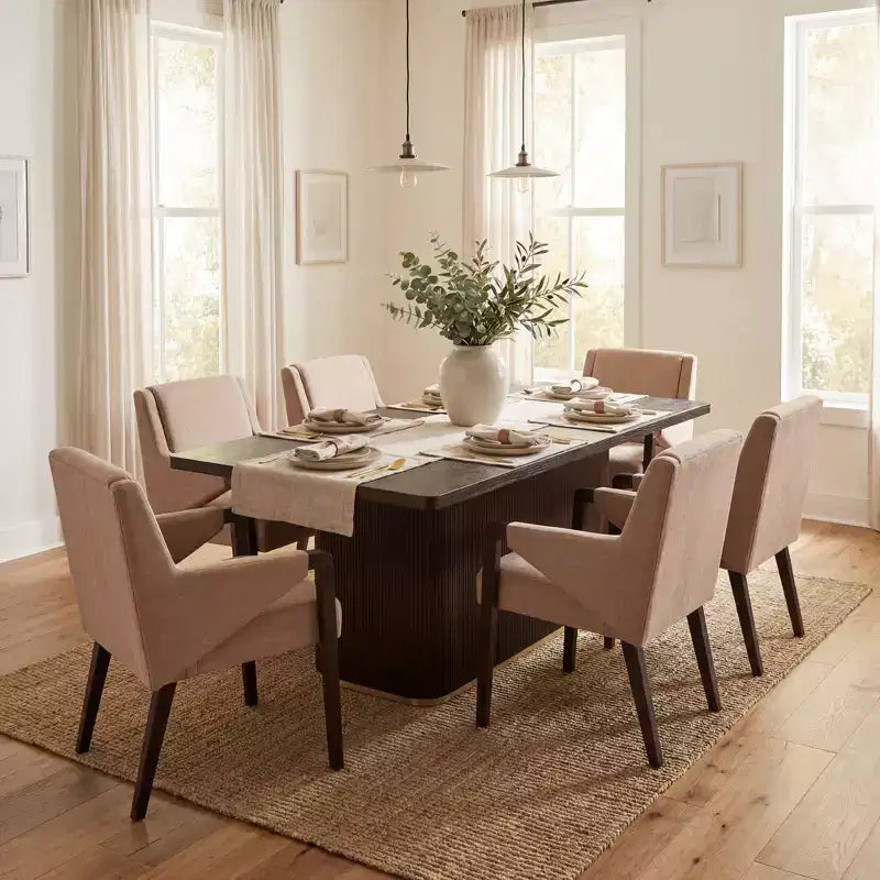 Christopher Knight Home Lindiwe moderne 7-delige eetkamerset van rubberhout met linnen bekleding en rechthoekige tafel