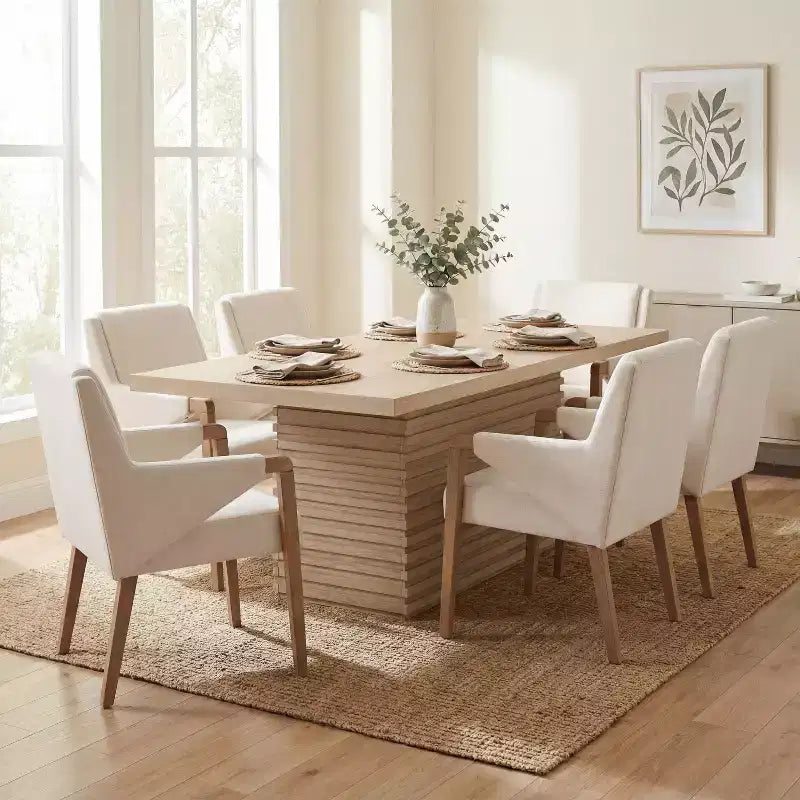 Christopher Knight Home Lindiwe moderne 7-delige eetkamerset van rubberhout met linnen bekleding en rechthoekige tafel