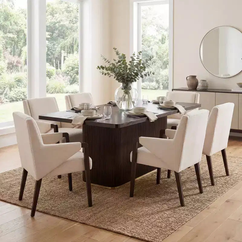 Christopher Knight Home Lindiwe moderne 7-delige eetkamerset van rubberhout met linnen bekleding en rechthoekige tafel