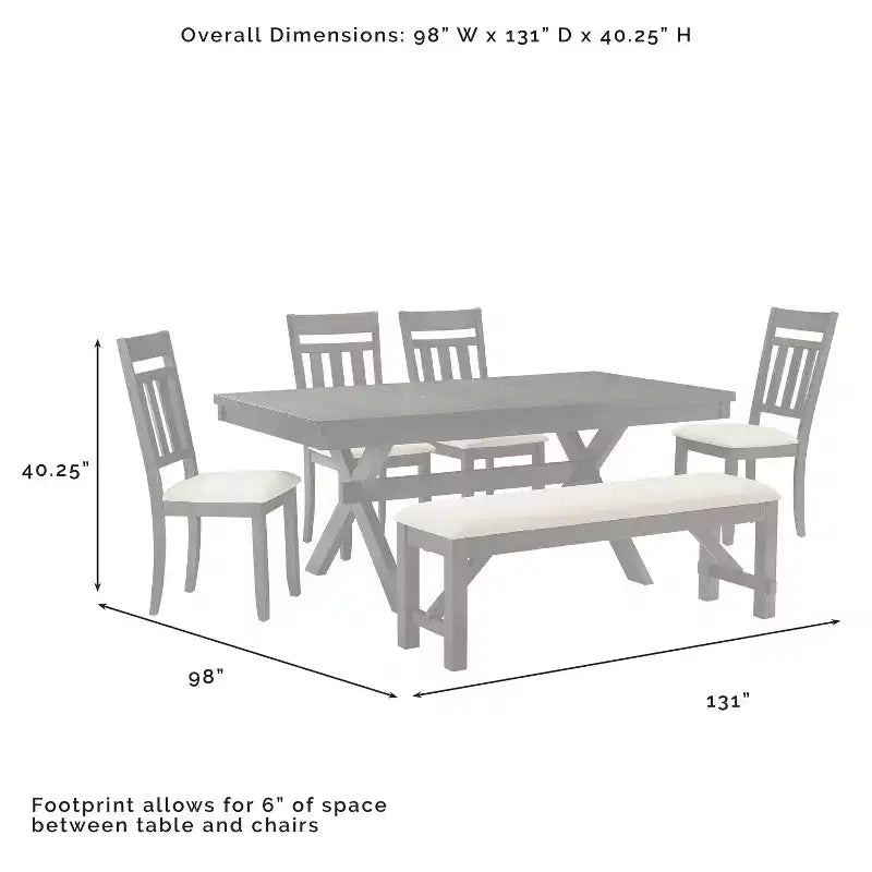 Hayden 6-delige uitschuifbare eetkamerset met bank en 4 stoelen met spijlenrugleuning, leigrijs - Crosley