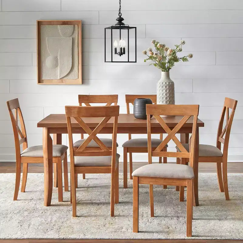 Buylateral Fairmont 7-delige rechthoekige eethoek in moderne boerderijstijl, drijfhout/beige