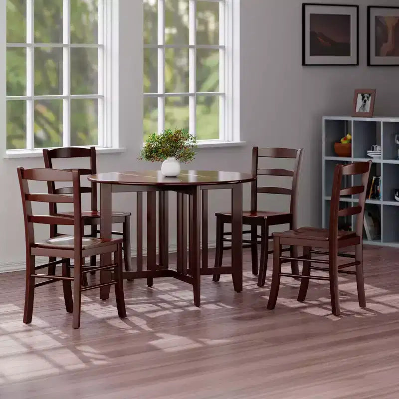 5pc Alamo Drop Leaf Dining Set with Ladder Back Chairs Wood/Walnut- Winsome: Round Table, 4-Point Leg Base