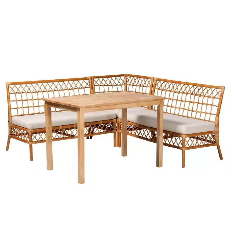 bali & pari 4pc Aina Rattan Dining Nook Set White/Light Honey/Oak Brown: Bohemian Style, Padded Seat, Rubberwood Frame