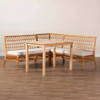 bali & pari 4pc Aina Rattan Dining Nook Set White/Light Honey/Oak Brown: Bohemian Style, Padded Seat, Rubberwood Frame