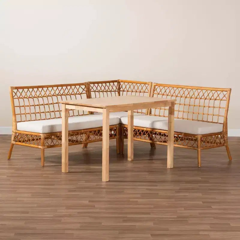 bali & pari 4pc Aina Rattan Dining Nook Set White/Light Honey/Oak Brown: Bohemian Style, Padded Seat, Rubberwood Frame