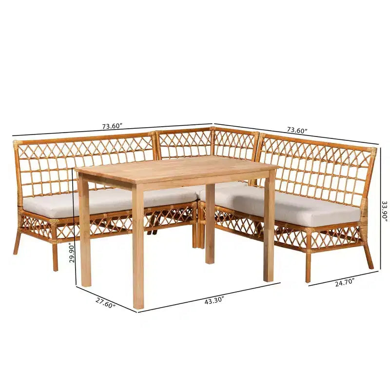 bali & pari 4pc Aina Rattan Dining Nook Set White/Light Honey/Oak Brown: Bohemian Style, Padded Seat, Rubberwood Frame