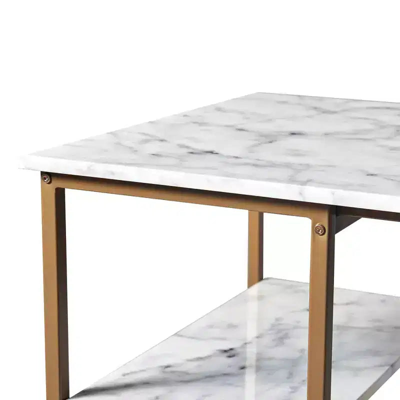 Teamson Home Marmo Breakfast Table Dining Set with Faux Marble Top Brass: 3-Piece, Modern Style, Lacquered Finish, Upholstered Stools
