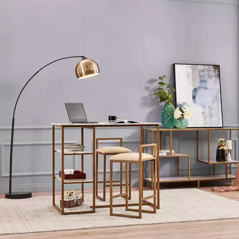 Teamson Home Marmo Breakfast Table Dining Set with Faux Marble Top Brass: 3-Piece, Modern Style, Lacquered Finish, Upholstered Stools