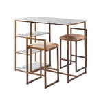 Teamson Home Marmo Breakfast Table Dining Set with Faux Marble Top Brass: 3-Piece, Modern Style, Lacquered Finish, Upholstered Stools