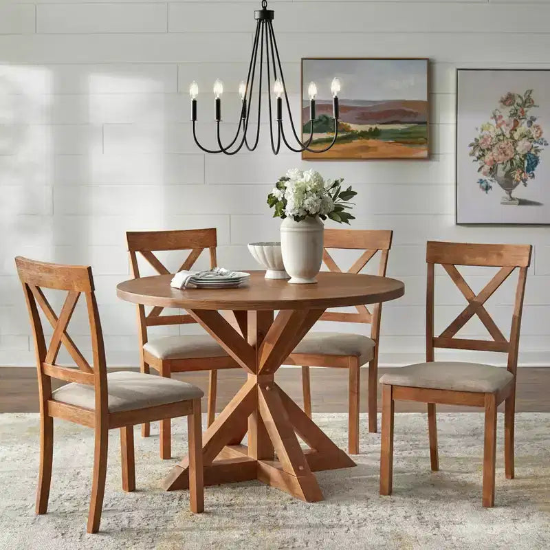 Buylateral 5pc Crenshaw Round Dining Set with Linen Cushion Chairs Driftwood : Solid Rubberwood, Linen Cushion Chairs