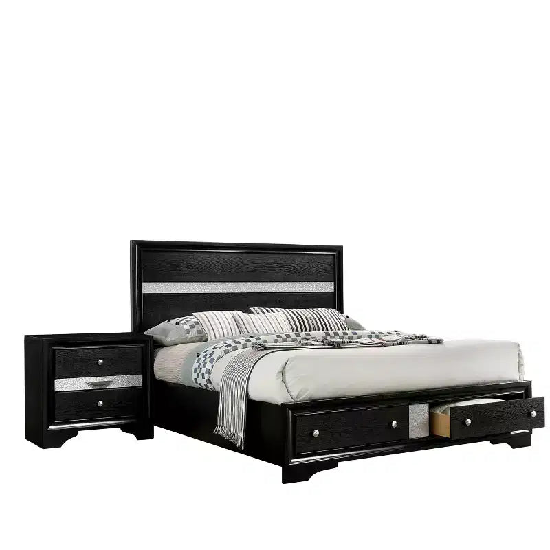 2pc Queen Whether by Bed with Nightstand Black - miBasics: Modern Luxury Bedroom Set, Built-In Drawer, Anti-Tip Hardware