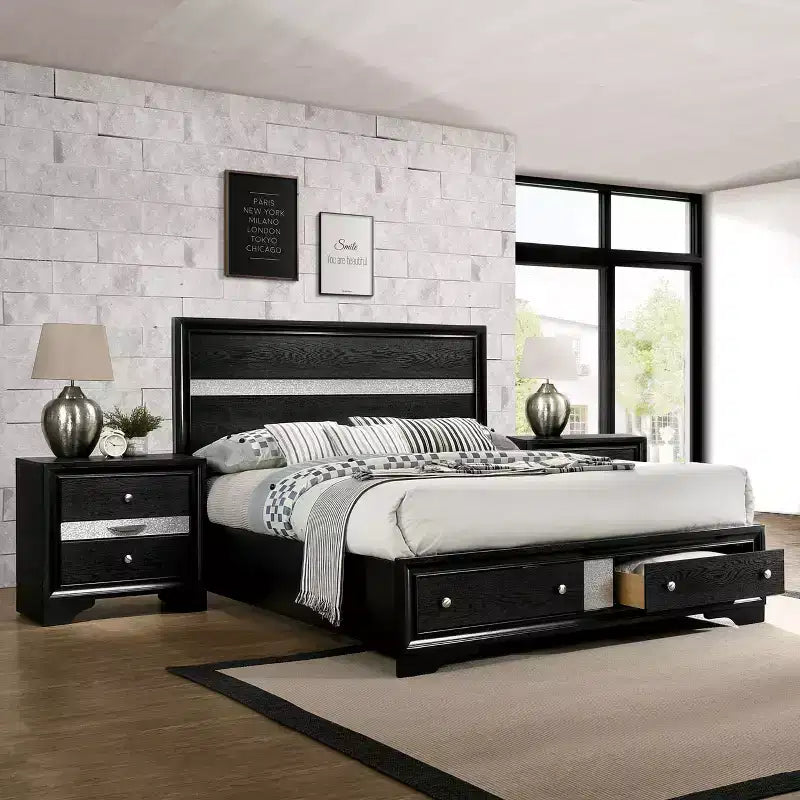 2pc Queen Whether by Bed with Nightstand Black - miBasics: Modern Luxury Bedroom Set, Built-In Drawer, Anti-Tip Hardware