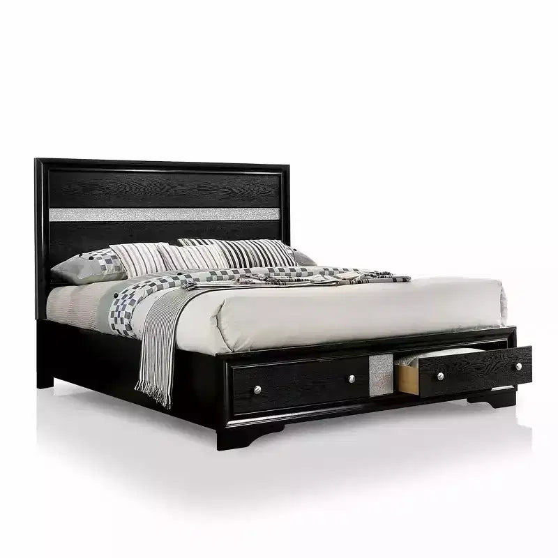 2pc Queen Whether by Bed with Nightstand Black - miBasics: Modern Luxury Bedroom Set, Built-In Drawer, Anti-Tip Hardware