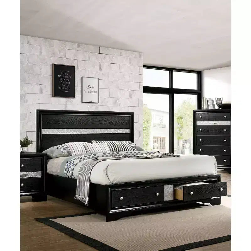 2pc Queen Whether by Bed with Nightstand Black - miBasics: Modern Luxury Bedroom Set, Built-In Drawer, Anti-Tip Hardware