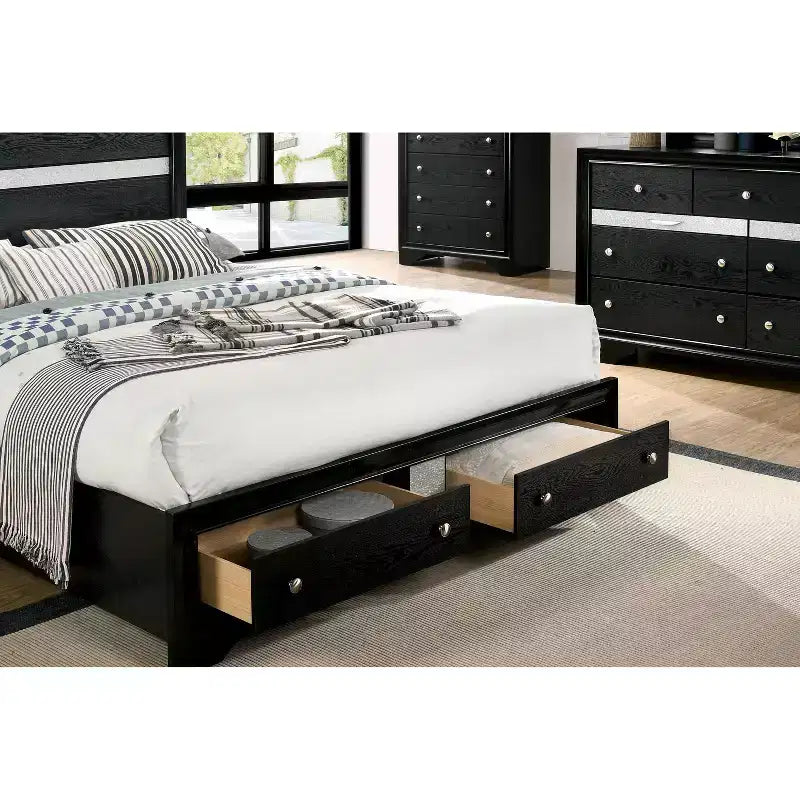 2pc Queen Whether by Bed with Nightstand Black - miBasics: Modern Luxury Bedroom Set, Built-In Drawer, Anti-Tip Hardware