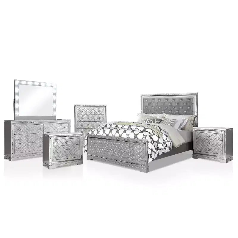 6pc California King Tenaya Bedroom Set Silver/Gray - HOMES: Inside + Out: Glamorous Design, Mirrored Trim, Button Tufted