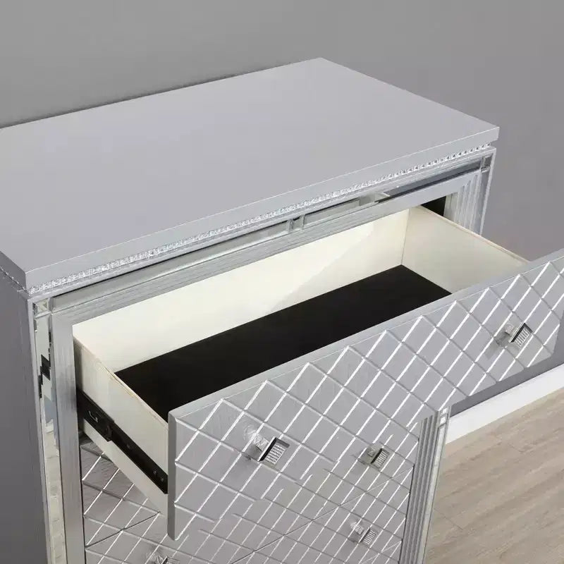 6pc California King Tenaya Bedroom Set Silver/Gray - HOMES: Inside + Out: Glamorous Design, Mirrored Trim, Button Tufted
