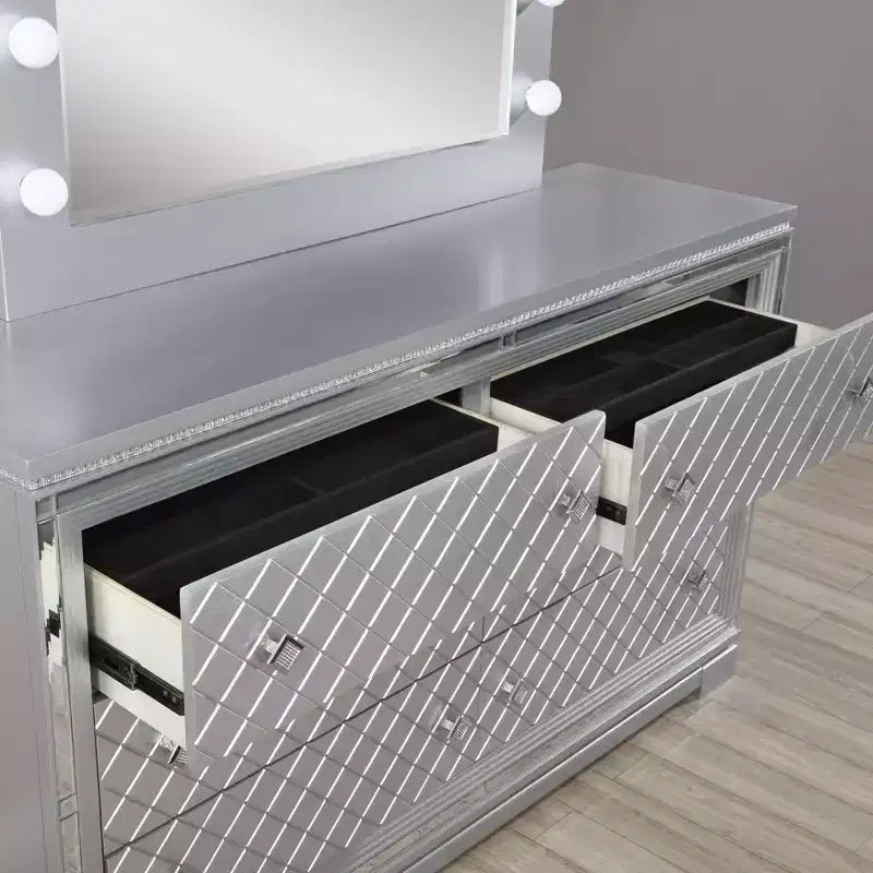 6pc California King Tenaya Bedroom Set Silver/Gray - HOMES: Inside + Out: Glamorous Design, Mirrored Trim, Button Tufted