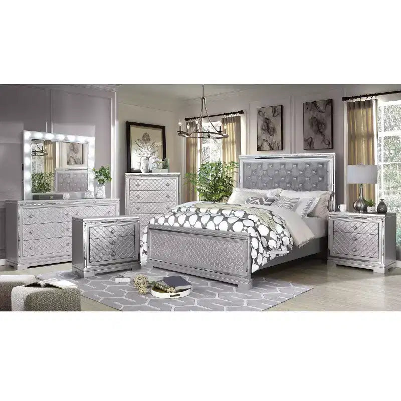 6pc California King Tenaya Bedroom Set Silver/Gray - HOMES: Inside + Out: Glamorous Design, Mirrored Trim, Button Tufted