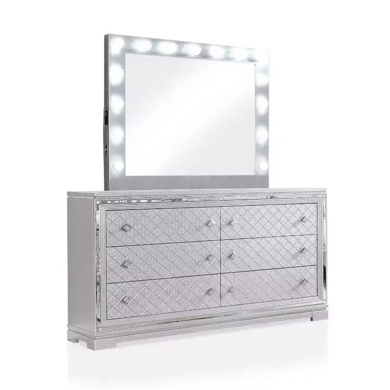 6pc California King Tenaya Bedroom Set Silver/Gray - HOMES: Inside + Out: Glamorous Design, Mirrored Trim, Button Tufted