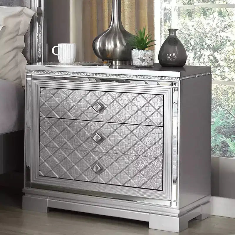 6pc California King Tenaya Bedroom Set Silver/Gray - HOMES: Inside + Out: Glamorous Design, Mirrored Trim, Button Tufted