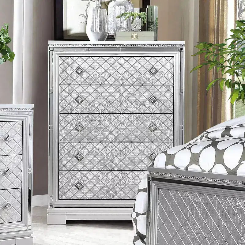 6pc California King Tenaya Bedroom Set Silver/Gray - HOMES: Inside + Out: Glamorous Design, Mirrored Trim, Button Tufted
