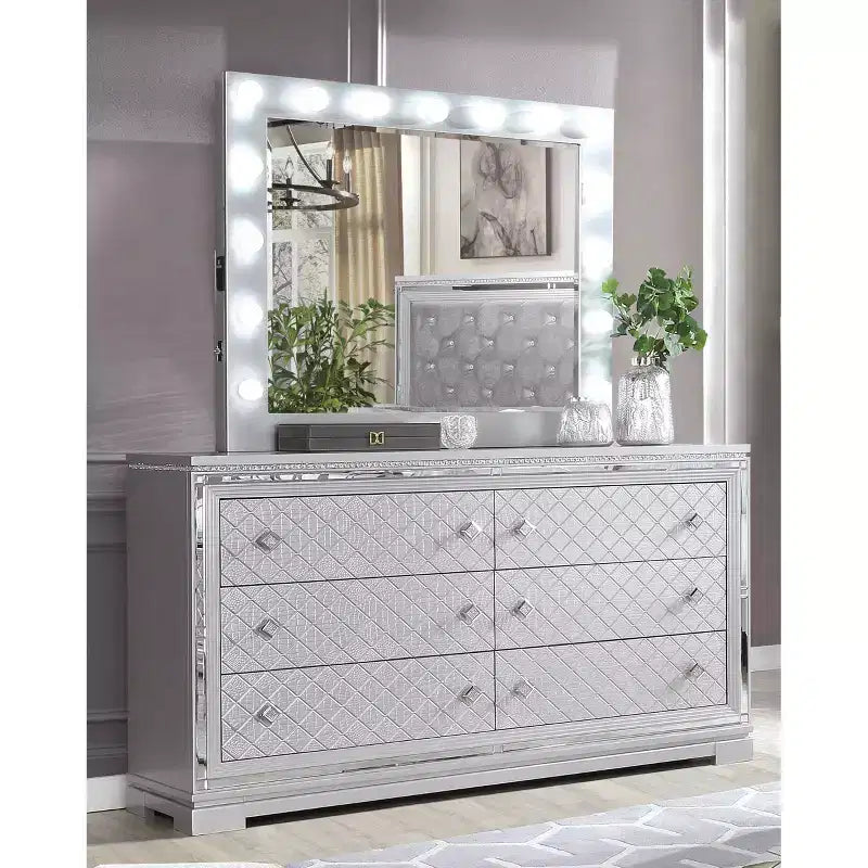 6pc California King Tenaya Bedroom Set Silver/Gray - HOMES: Inside + Out: Glamorous Design, Mirrored Trim, Button Tufted