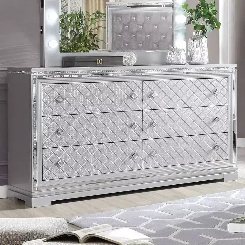 6pc California King Tenaya Bedroom Set Silver/Gray - HOMES: Inside + Out: Glamorous Design, Mirrored Trim, Button Tufted