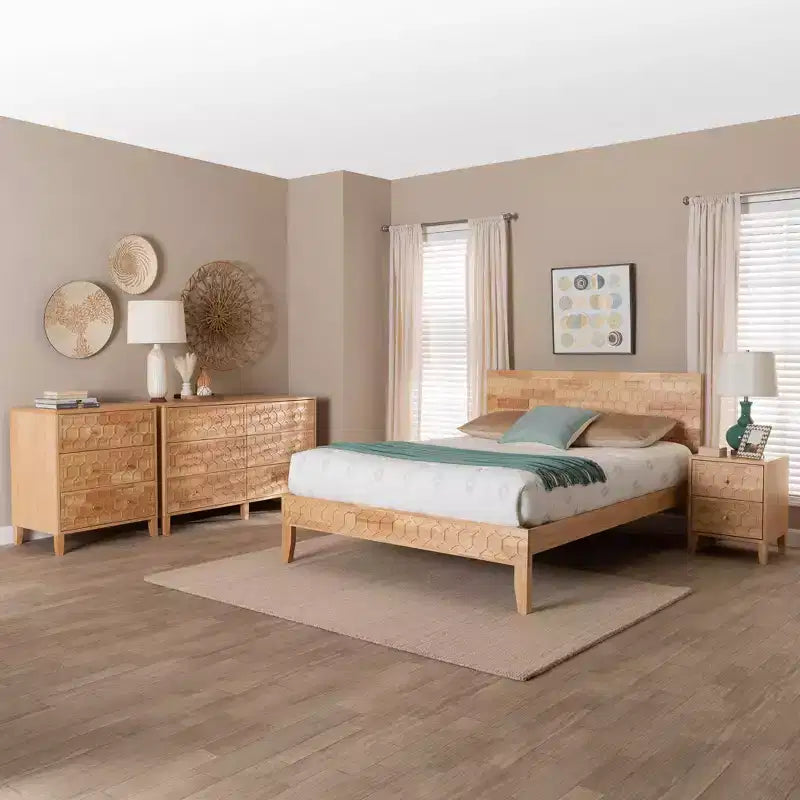 Baxton Studio Queen 4pc Hosea Carved Honeycomb Bedroom Set Natural
