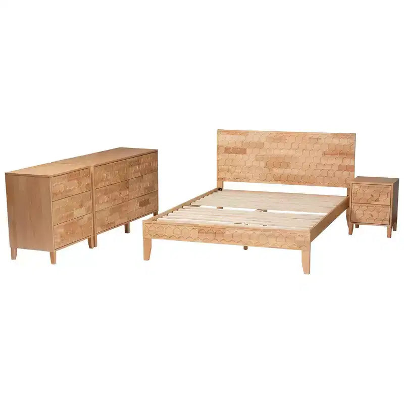Baxton Studio Queen 4pc Hosea Carved Honeycomb Bedroom Set Natural