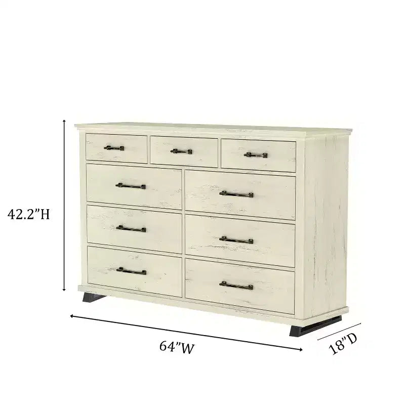 Festivo 3pc Contemporary 9 Drawer Dresser and 3 Drawer Nightstand Set Saw Cut Off-White: MDF, Metal Legs, Anti-Tip