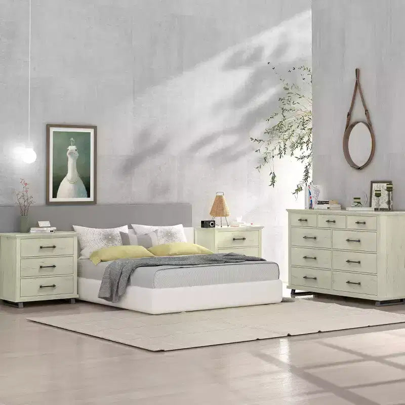 Festivo 3pc Contemporary 9 Drawer Dresser and 3 Drawer Nightstand Set Saw Cut Off-White: MDF, Metal Legs, Anti-Tip