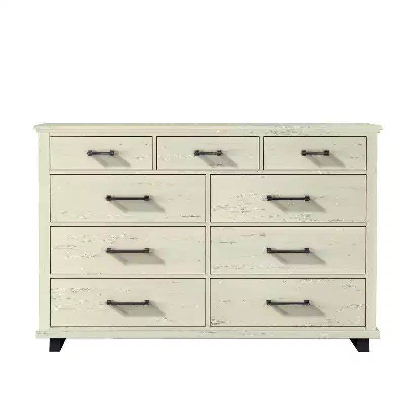 Festivo 3pc Contemporary 9 Drawer Dresser and 3 Drawer Nightstand Set Saw Cut Off-White: MDF, Metal Legs, Anti-Tip