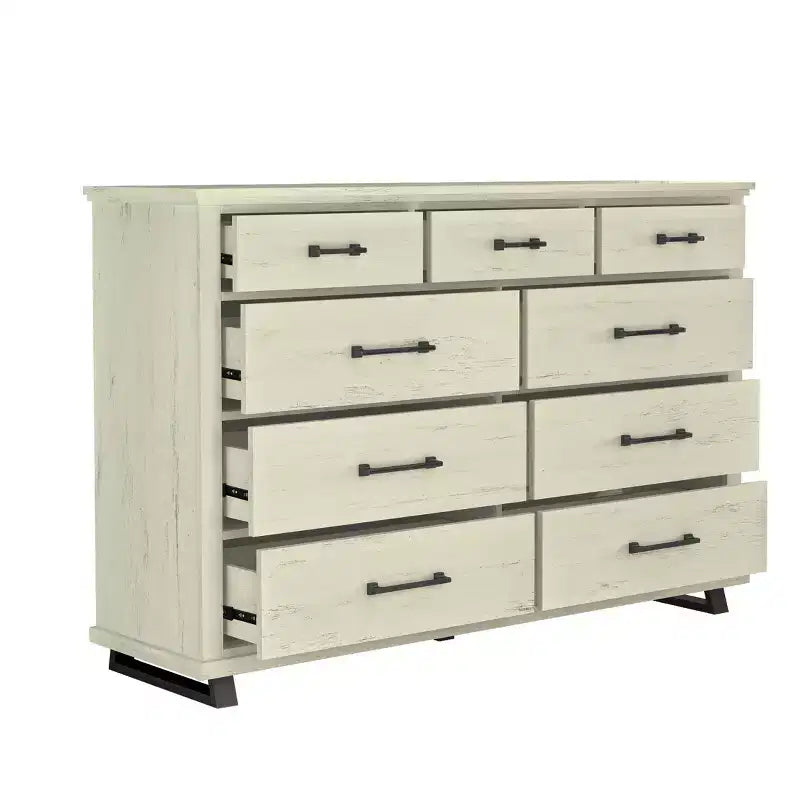 Festivo 3pc Contemporary 9 Drawer Dresser and 3 Drawer Nightstand Set Saw Cut Off-White: MDF, Metal Legs, Anti-Tip