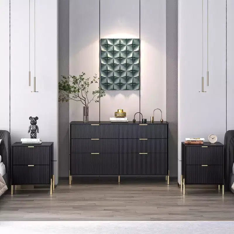 Festivo 3pc Modern Elegance 2 Drawer Nightstands and 6 Drawer Dresser Set Black