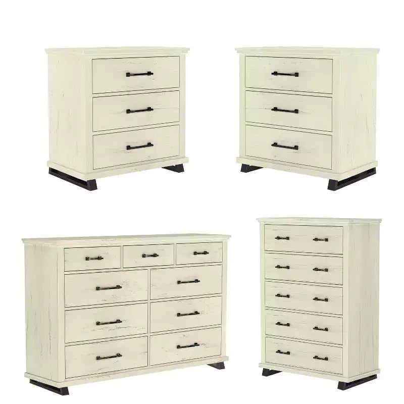 Festivo 4pc Contemporary Bedroom Chest Dresser and Nightstand Set Saw Cut Off-White: Includes Storage & Horizontal Dresser