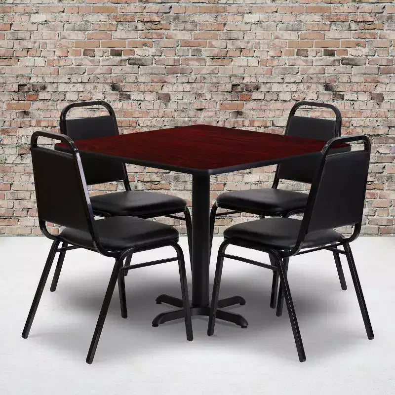 Flash Furniture 36'' vierkante tafelset van laminaat met X-voet en 4 trapeziumvormige banketstoelen met rugleuning