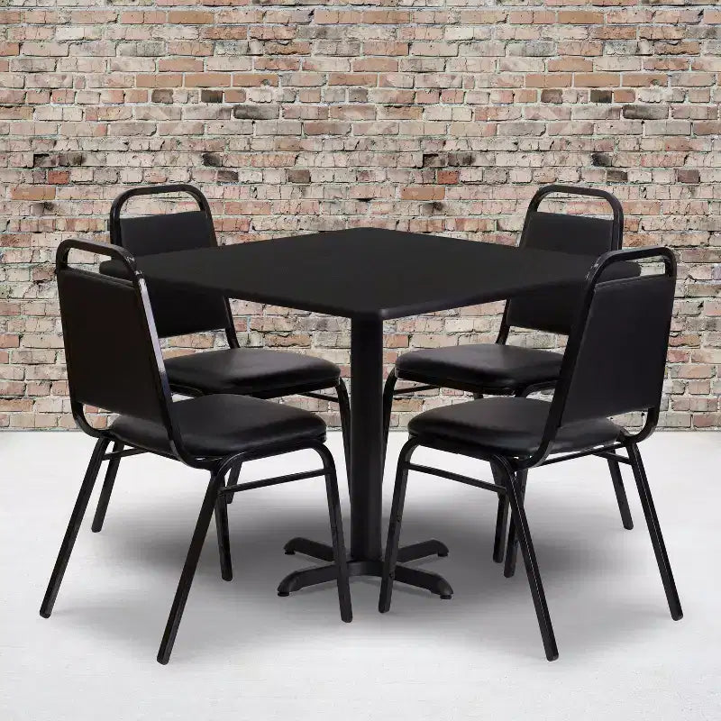 Flash Furniture 36'' vierkante tafelset van laminaat met X-voet en 4 trapeziumvormige banketstoelen met rugleuning