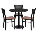 Emma and Oliver 30 Round Black Laminate Table Set, 3 Grid Back Metal Chairs