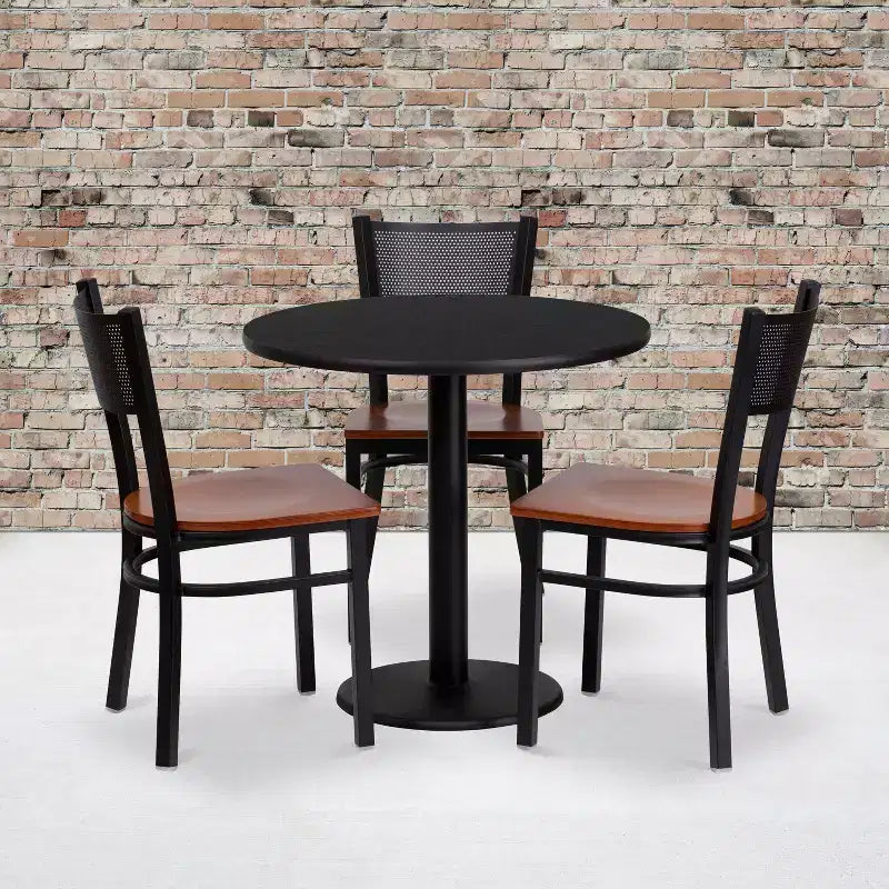 Emma and Oliver 30 Round Black Laminate Table Set, 3 Grid Back Metal Chairs